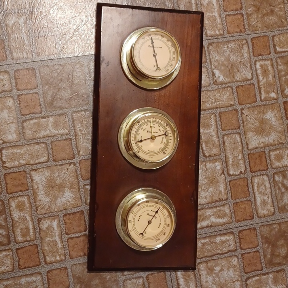 Wooden Weather Station with Gold Accents Temperture Barometer, humibity Vintage